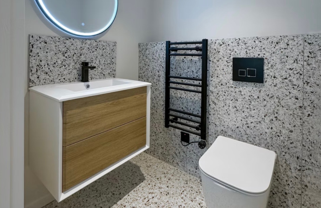Luxury bathroom renovation in Liverpool with terrazzo tiles