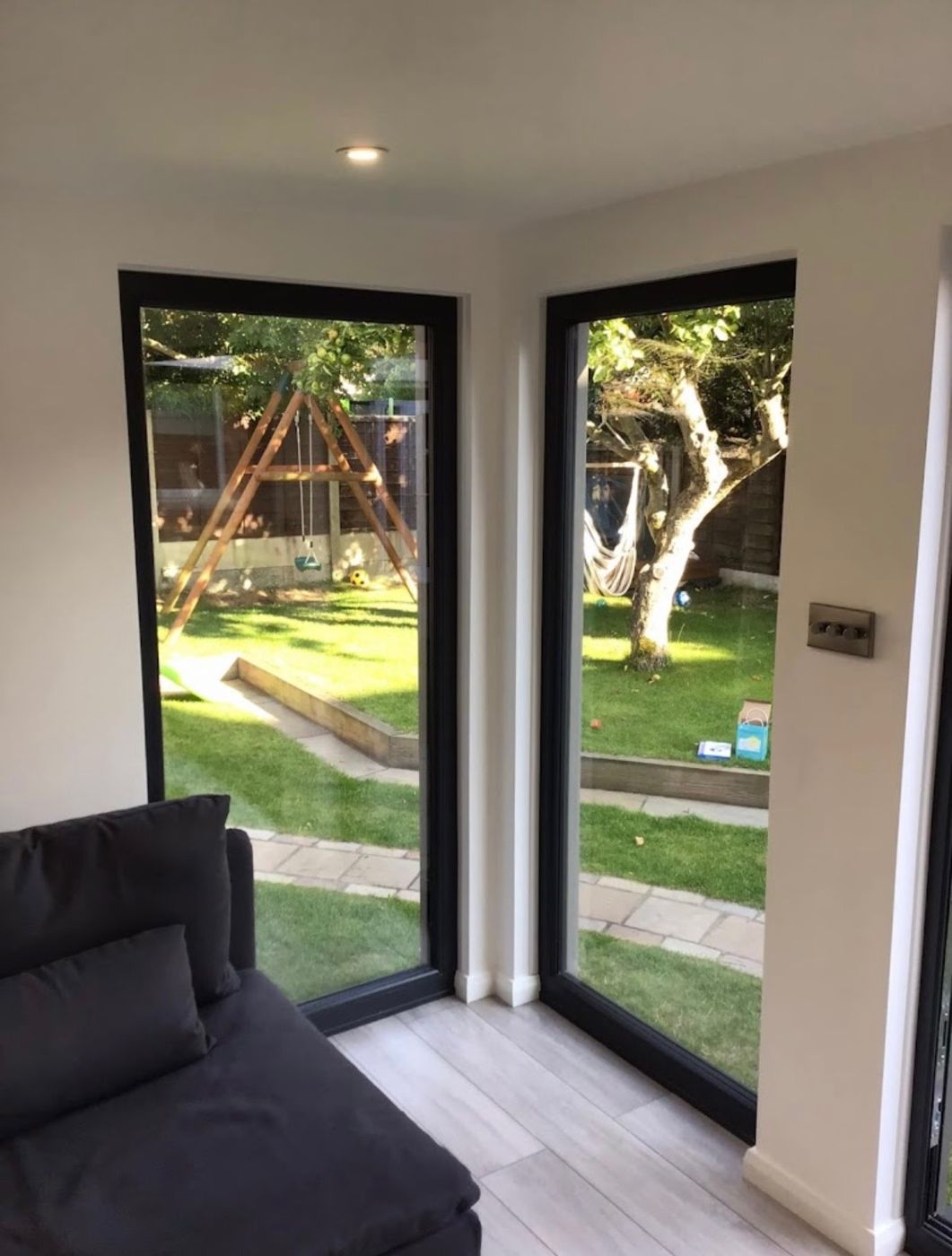 Garden room interior with corner glazing
